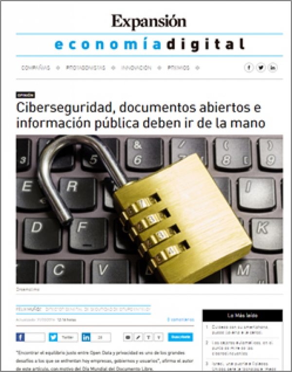 Expansión publica la tribuna de Félix Muñoz sobre Open Data: Ciberseguridad, documentos abiertos e información pública